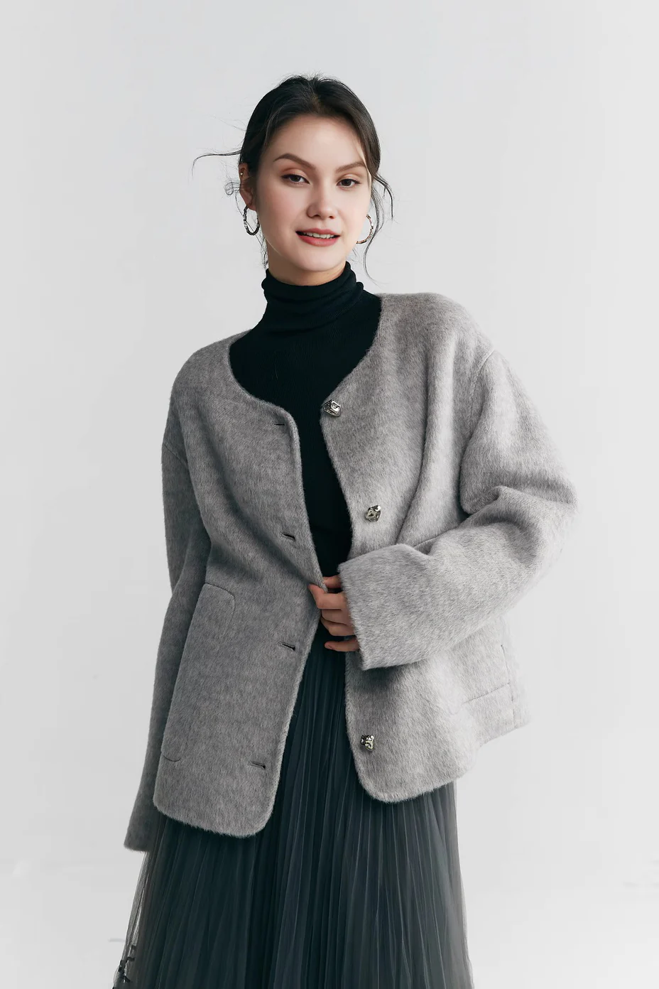 Silk Wool Blend Crewneck Cropped Jacket - MIAOOOO