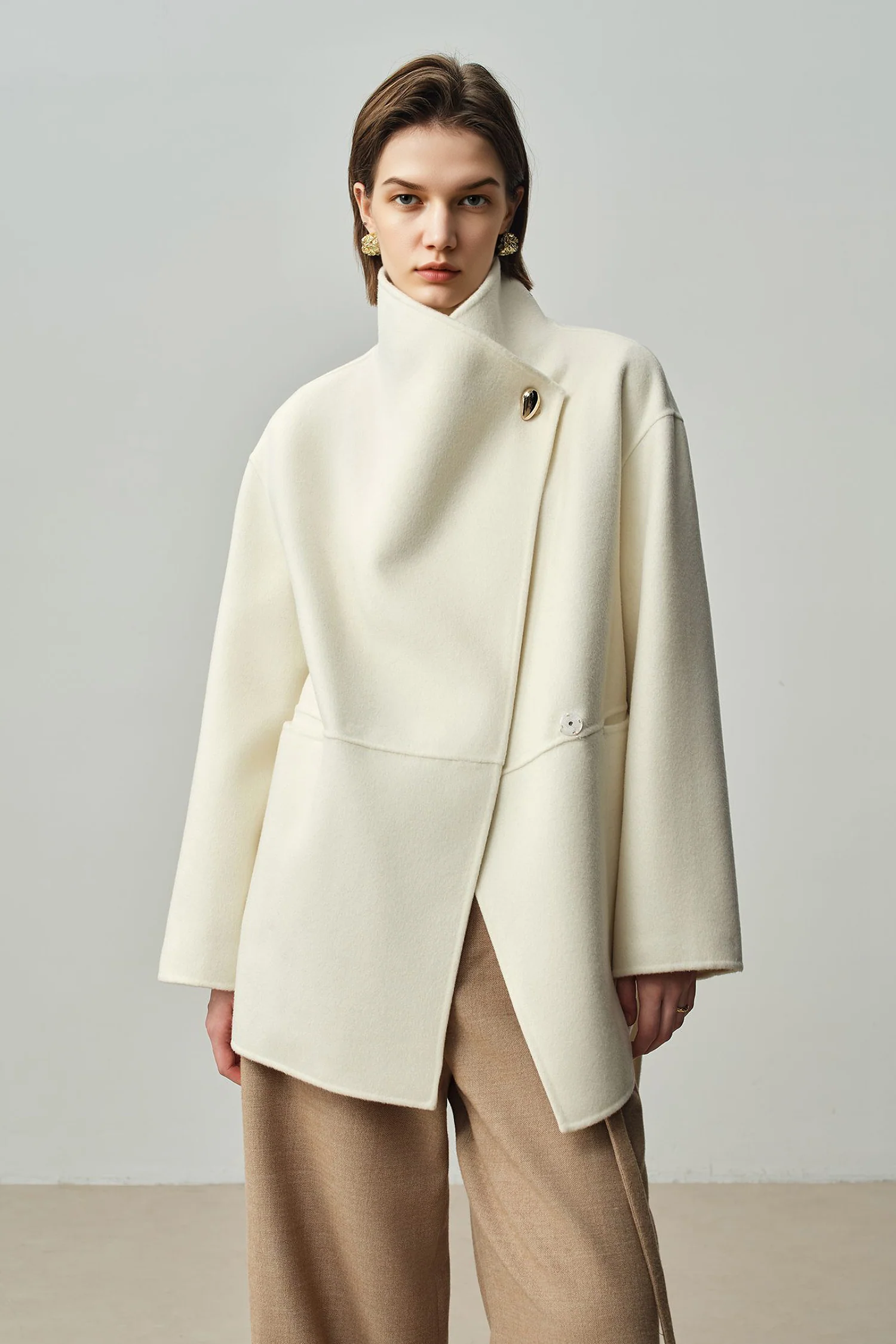Asymmetrical Wool-Cashmere Belted Short Wrap Coat - MIAOOOO