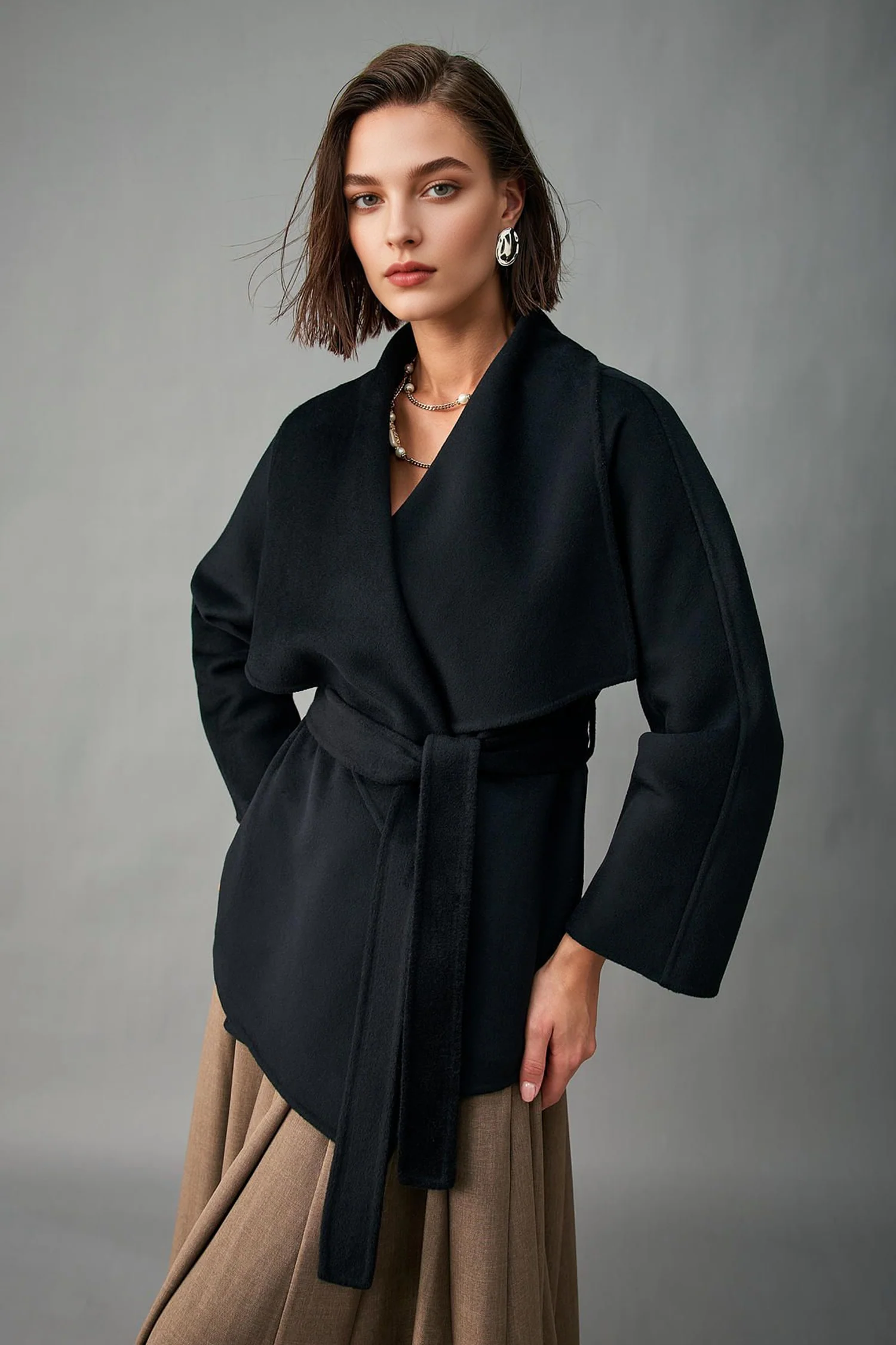 Handcrafted Double-Faced Cashmere Draped Collar Short Wrap Coat - MIAOOOO