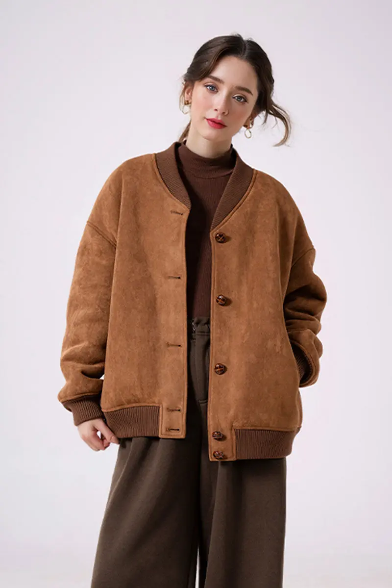 Shearling Wool Lined Faux Suede Bomber Jacket - MIAOOOO