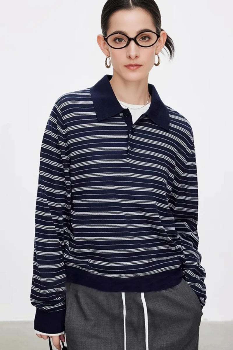Washable Merino Wool Striped Polo Shirt - MIAOOOO