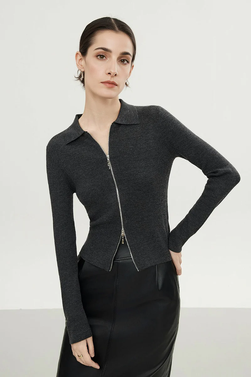 100 Merino Wool Cozy Cloud Double-Zip Cardigan With Collar - MIAOOOO