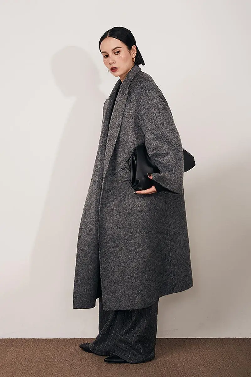 Long Wool Silk Blend Wrap Coat with Notched Lapel - MIAOOOO