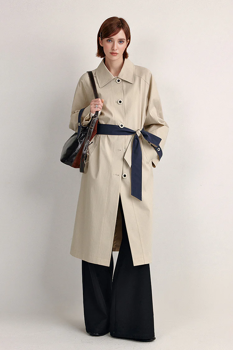 Long Organic Cotton-Blend Color-Block Belted Trench Coat - MIAOOOO