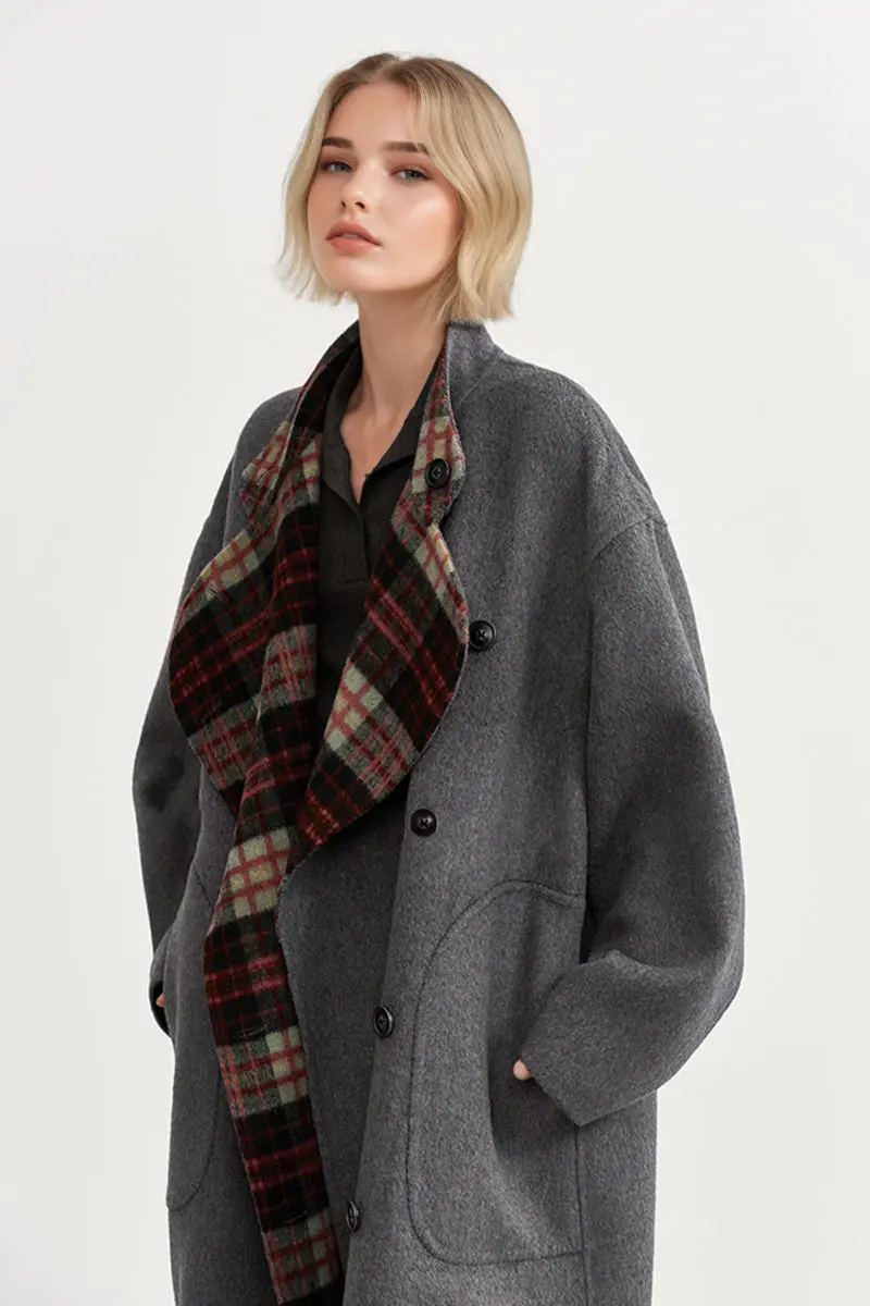 Reversible Double-Face Wool Blend Plaid Coat with Scarf - MIAOOOO