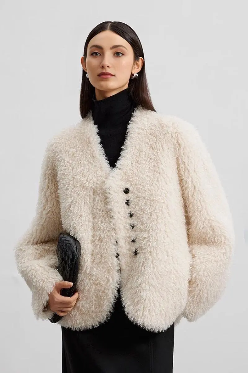 Collarless Faux Shearling & Faux Suede Jacket - MIAOOOO