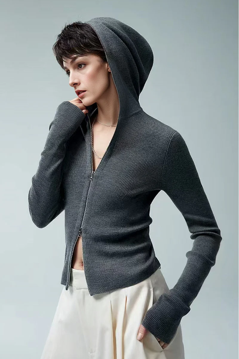 100 Merino Wool Cozy Cloud Double-Zip Hooded Cardigan - MIAOOOO