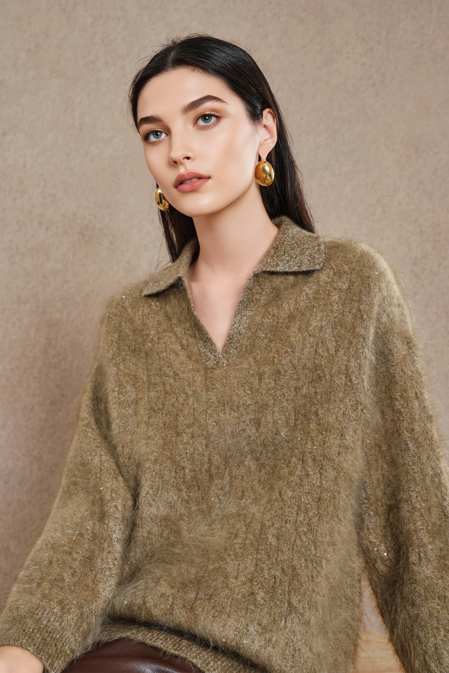 Brushed Cashmere Sequin Cable Polo Sweater in Top-Tier Italian Yarn - MIAOOOO