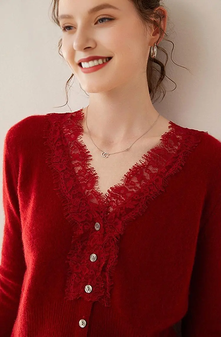 100 Cashmere V-Neck Cardigan with Lace Trim - MIAOOOO