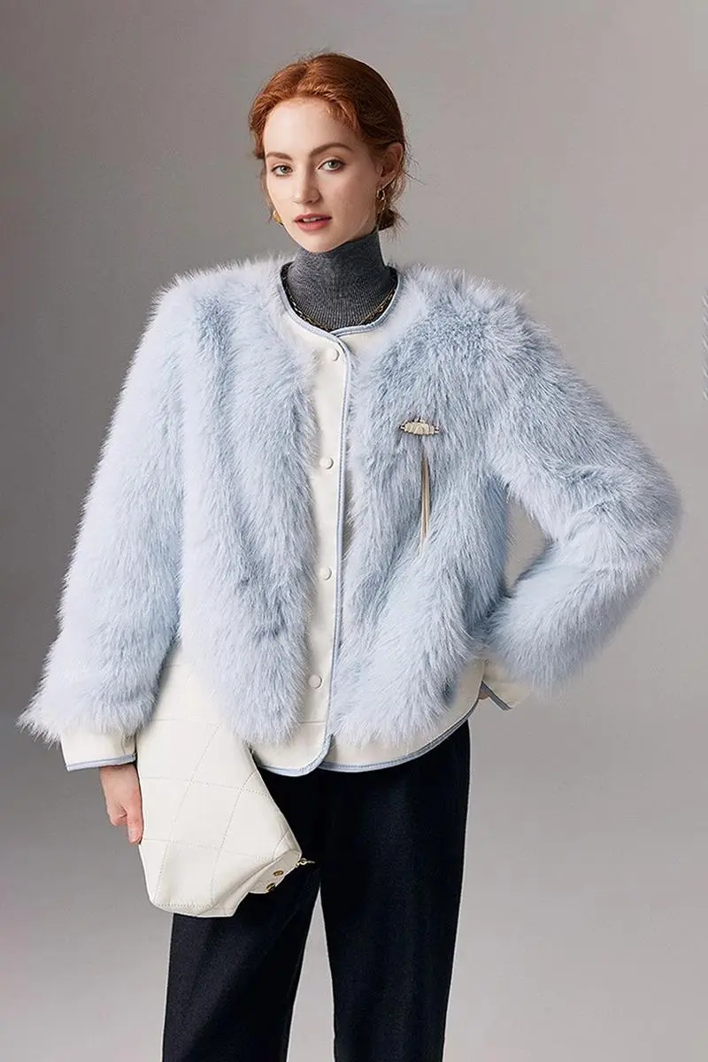 Chic Collarless Faux Fox Fur Jacket - MIAOOOO