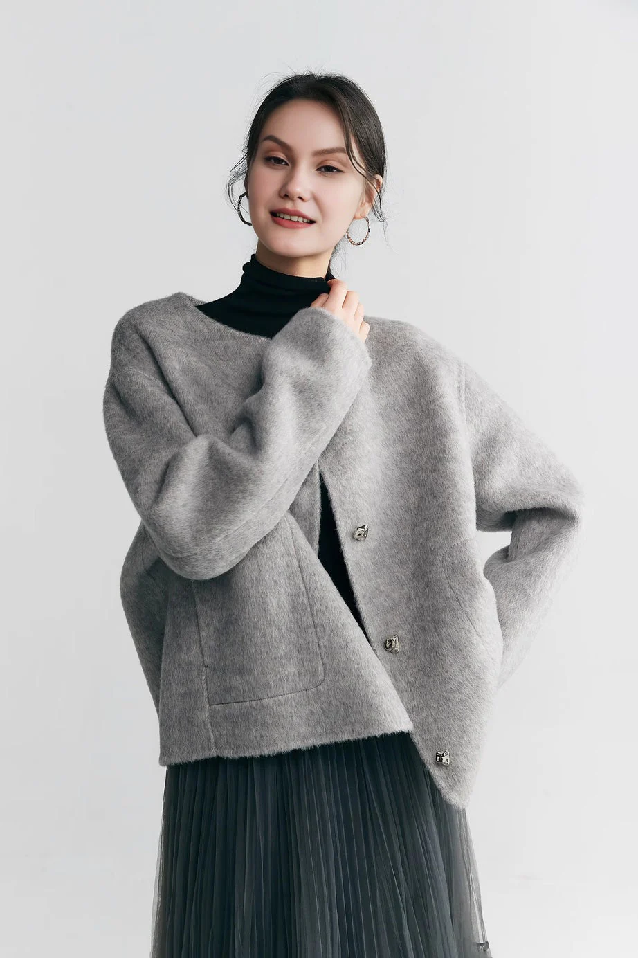 Silk Wool Blend Crewneck Cropped Jacket - MIAOOOO
