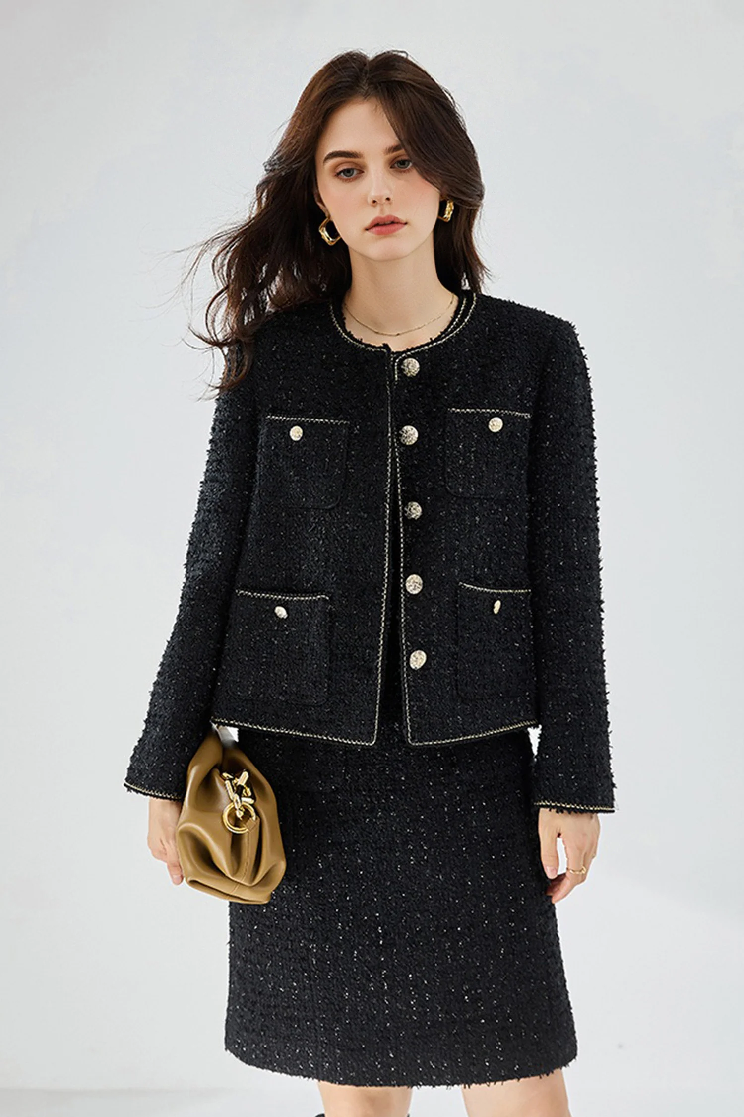 Black Wool Blend Collarless Cropped Tweed Jacket - MIAOOOO