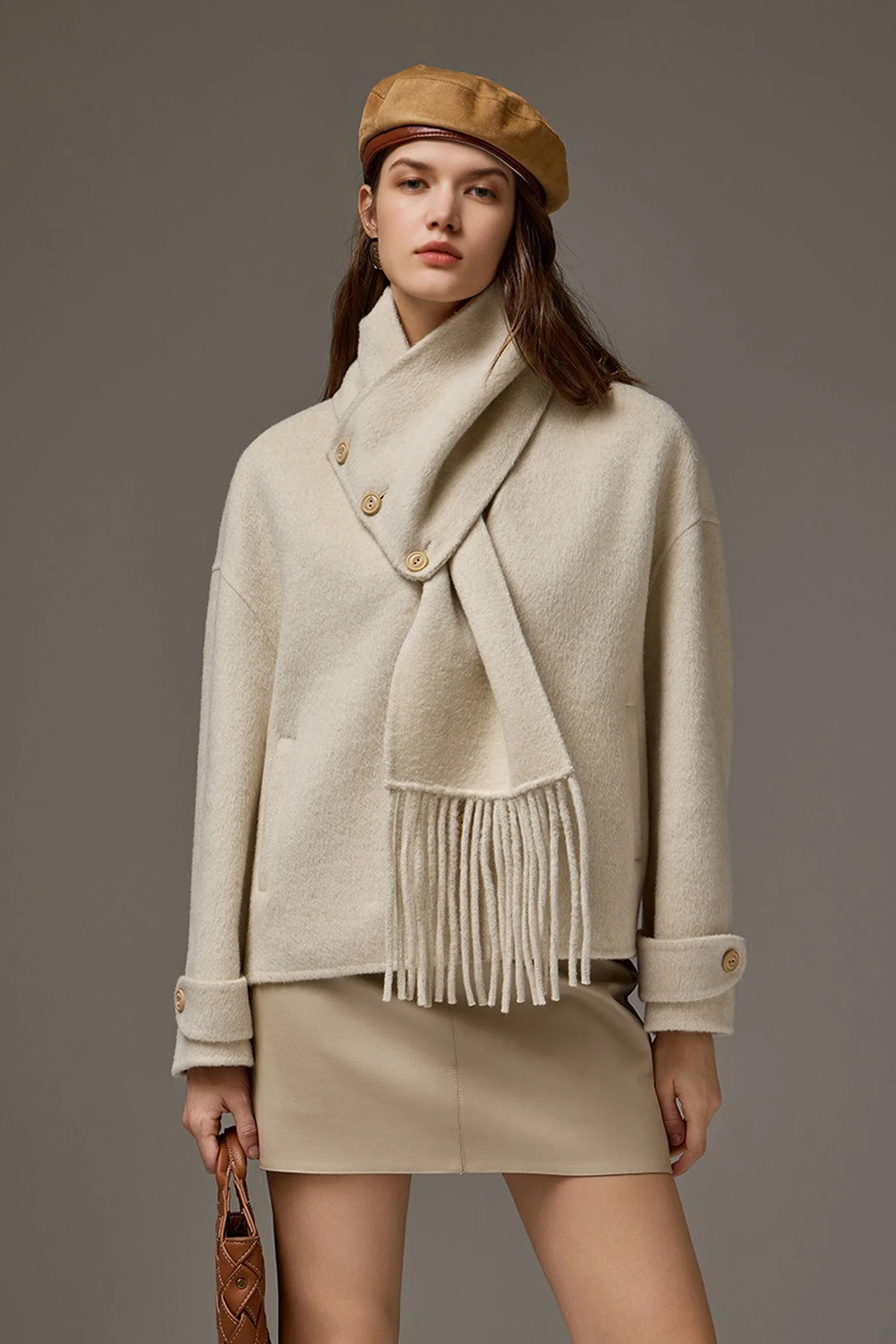 Cropped Double-Faced Silk-Wool Jacket with Detachable Scarf - MIAOOOO