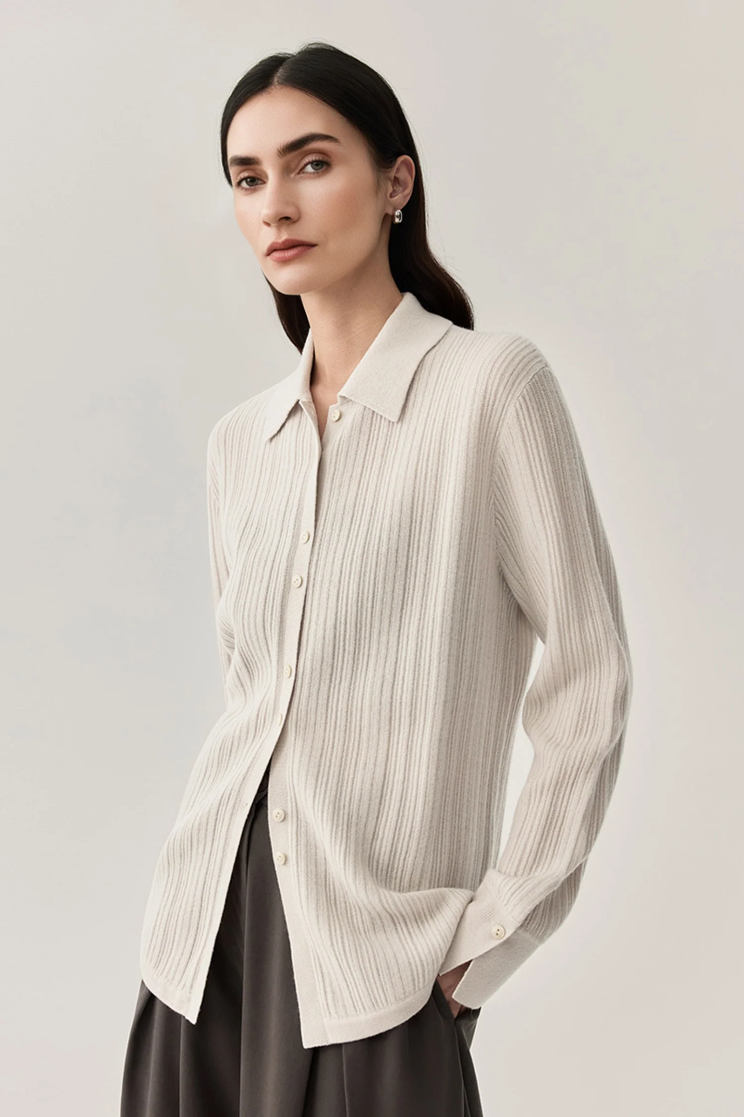 Ultrasoft Ribbed Wool Knit Button-Up Shirt - MIAOOOO