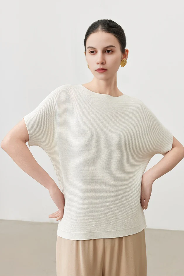 Batwing Sleeve Silk Blend Boat Neck Knit Top - MIAOOOO