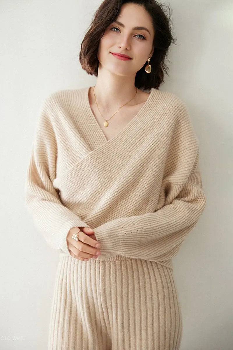 Chunky Cashmere V-Neck Ribbed Wrap Sweater - MIAOOOO