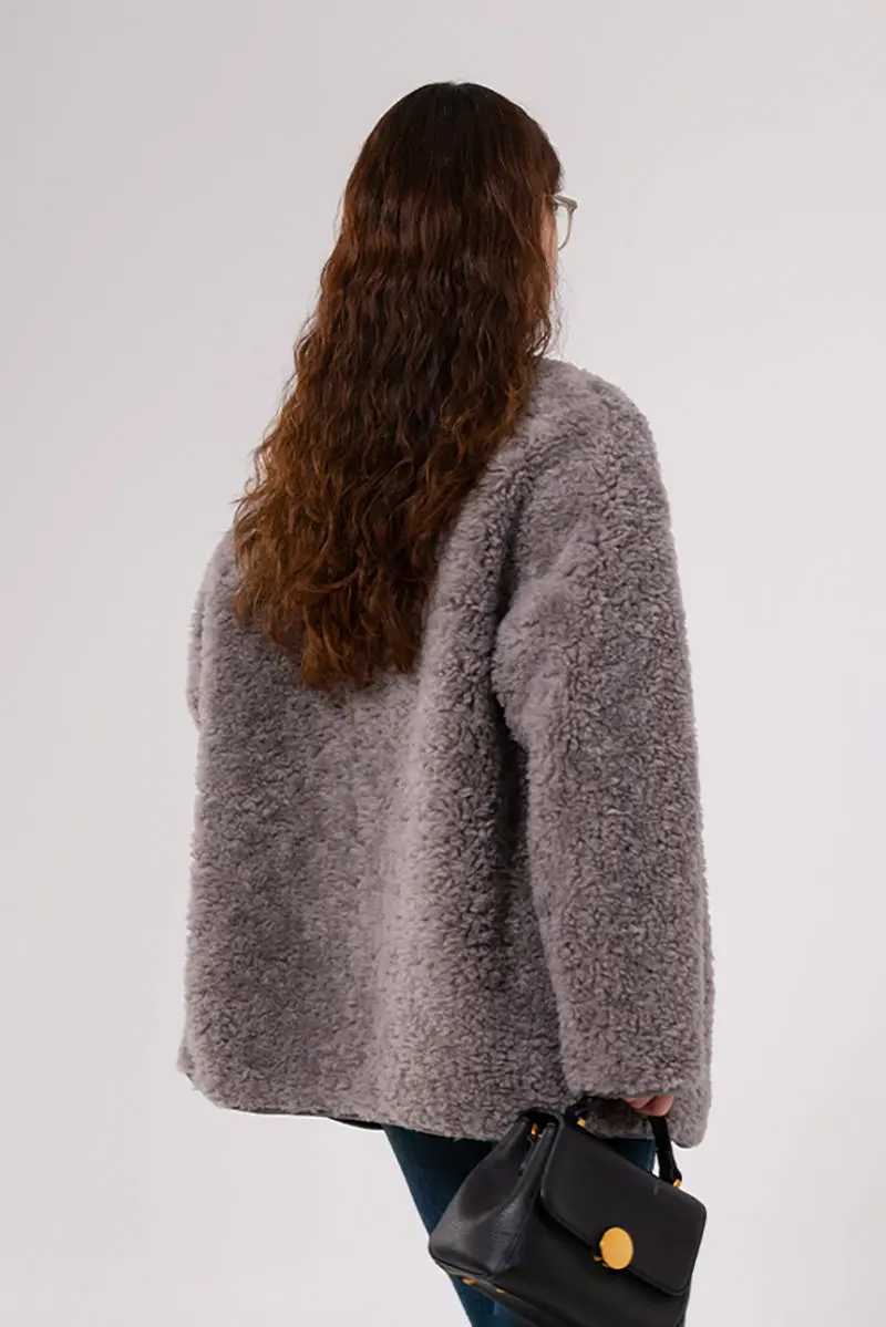 Faux Shearling Collarless Teddy Wool Toggle Coat - MIAOOOO