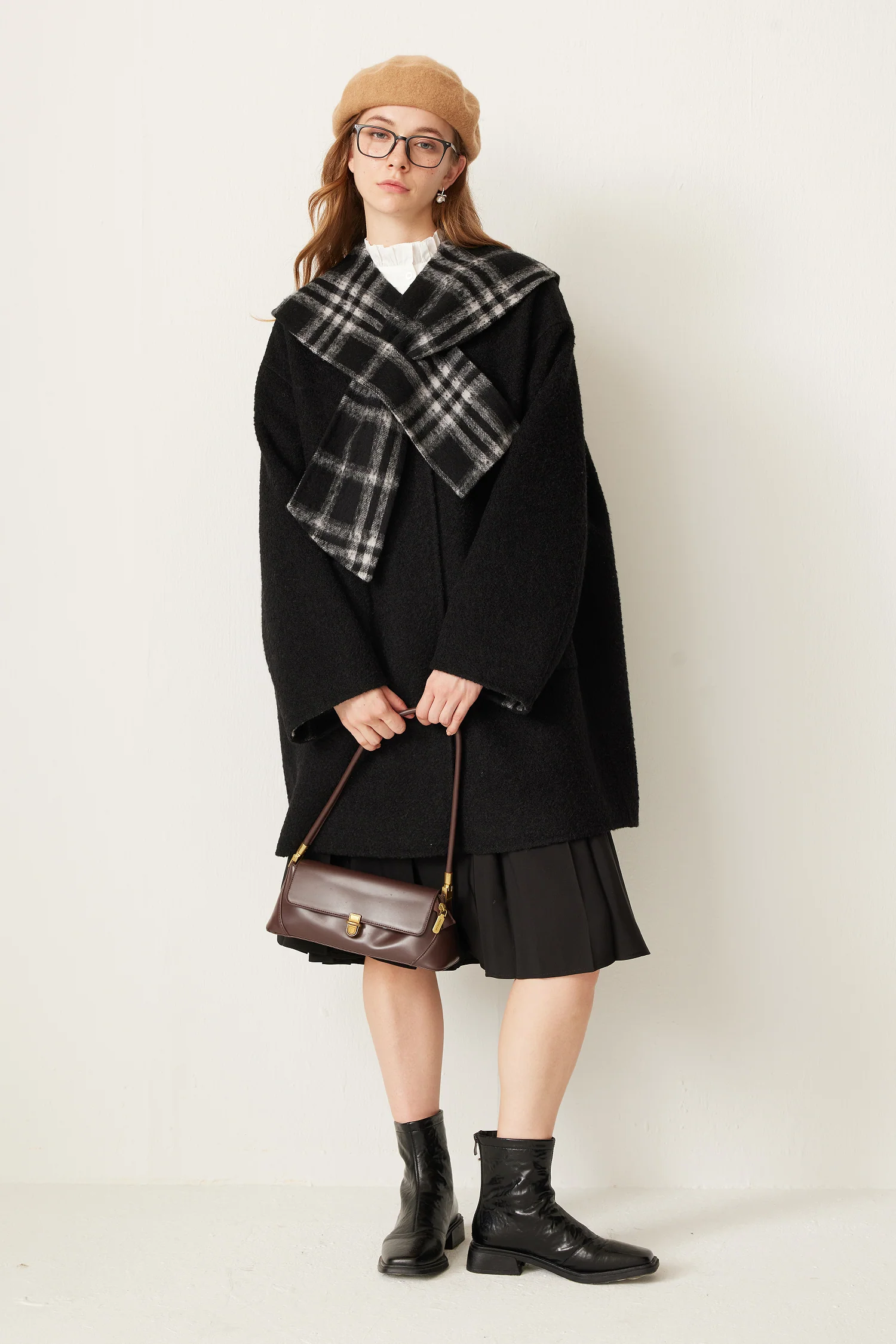 Reversible Plaid Alpaca Wool Double-Faced Coat with Scarf Collar - MIAOOOO