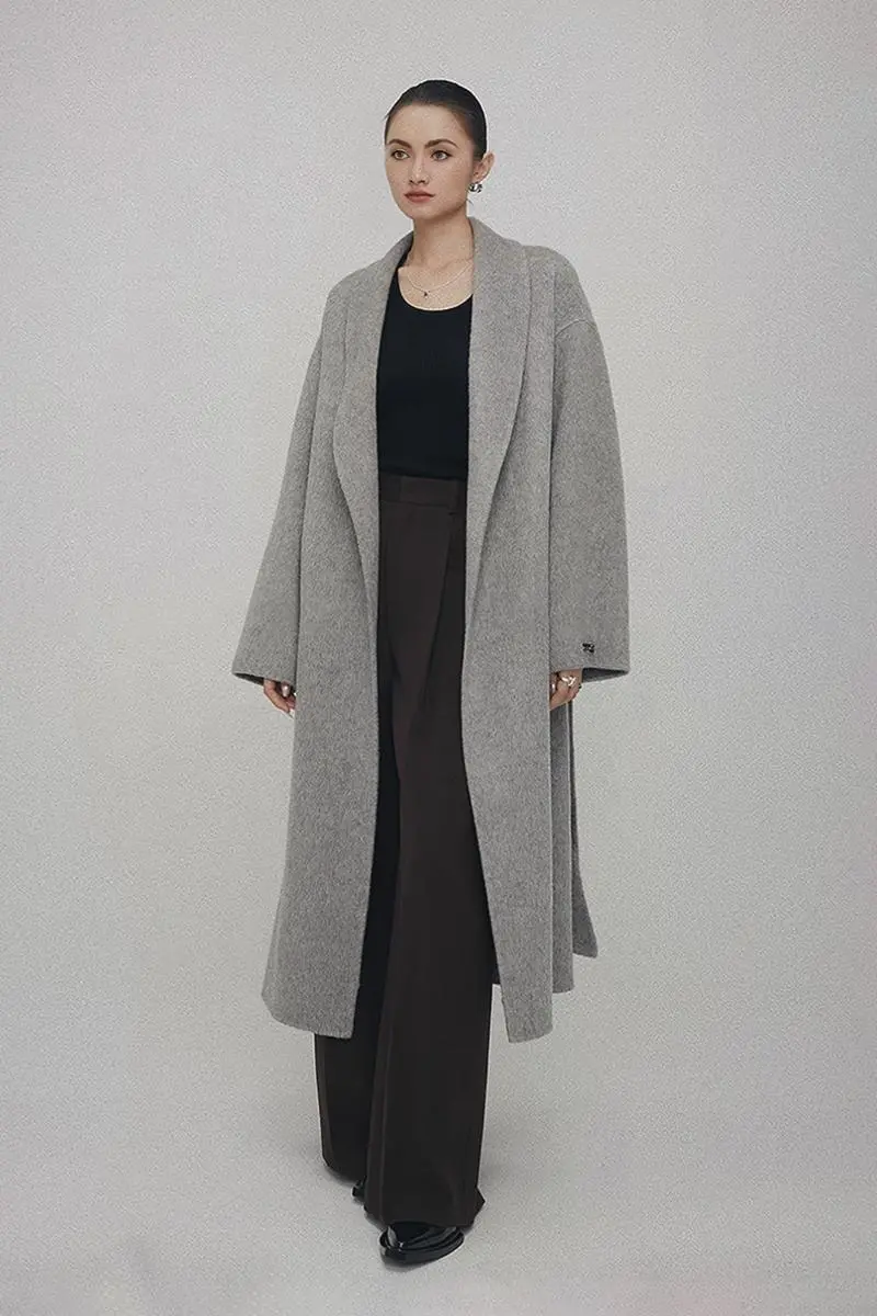 Oversized 100 Wool Open-Front Coat with Belt - MIAOOOO