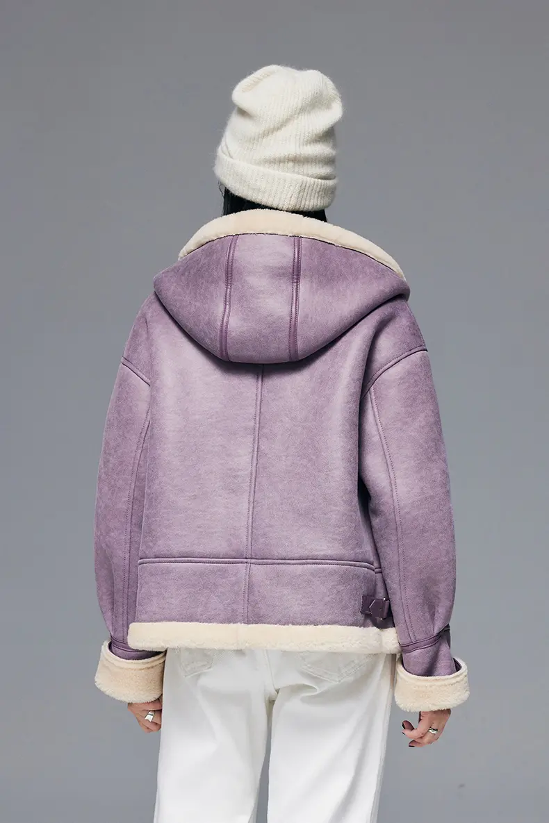 Purple Hooded Shearling Faux-leather Bomber Jacket - MIAOOOO
