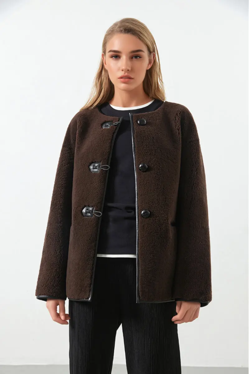 Spanish Merino Shearling Sheepskin Collarless Clasp Jacket - MIAOOOO