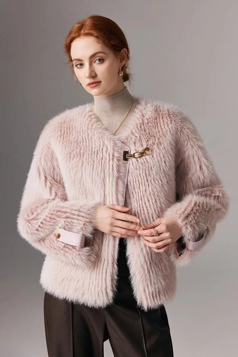 Collarless Faux Fox Fur Jacket - MIAOOOO