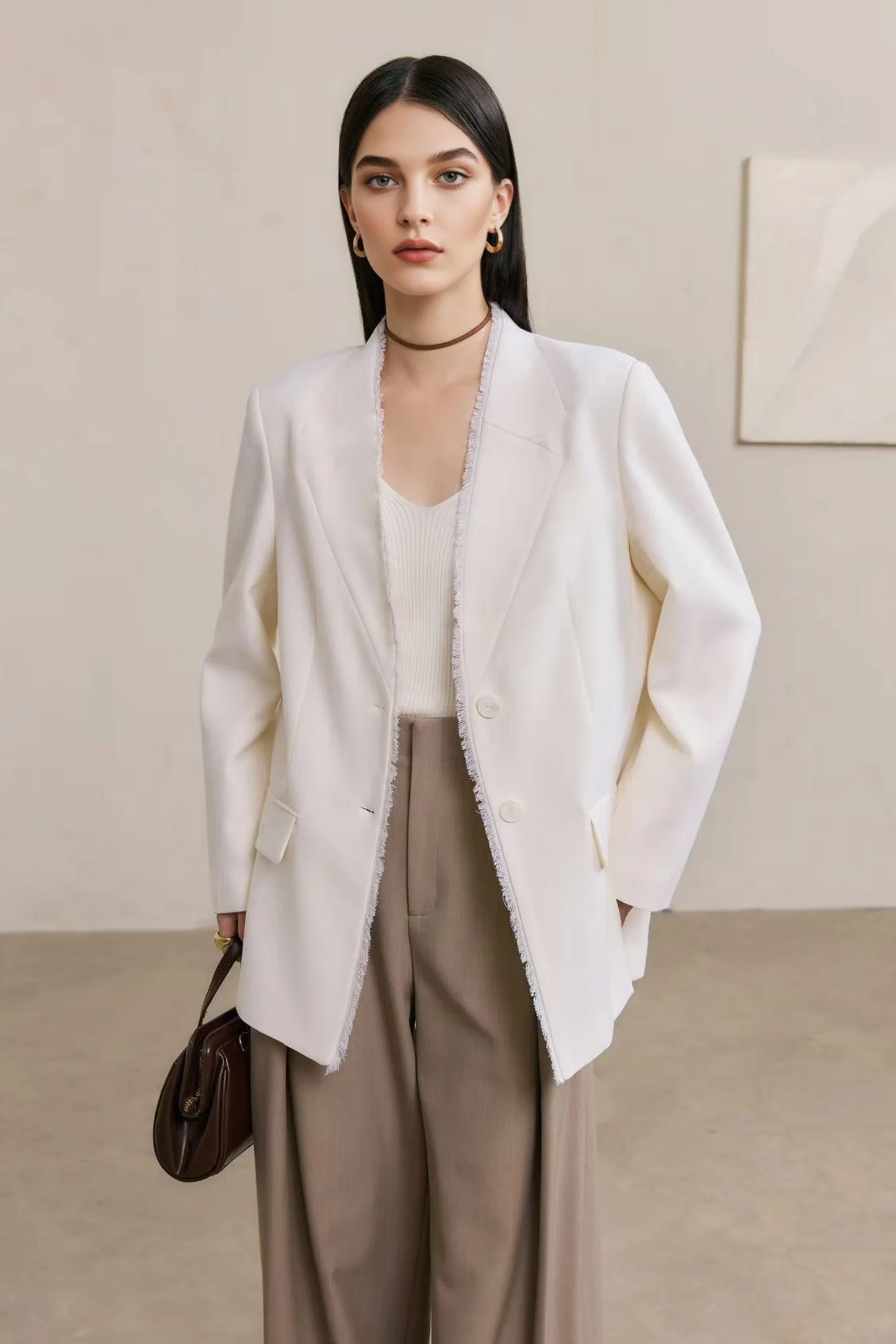 Tailored Collarless Wool Blazer with Fringe Trim - MIAOOOO