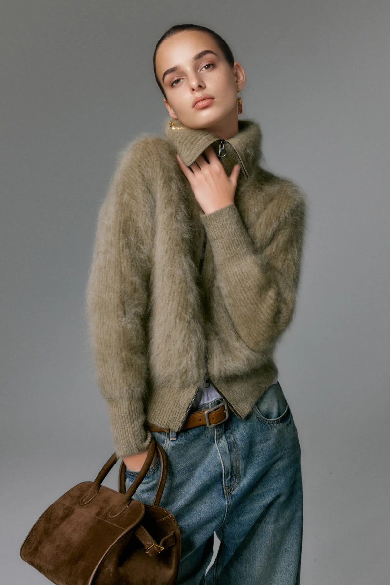 Luxe Brushed Cashmere Turtleneck Cardigan with Two-Way Zip - MIAOOOO