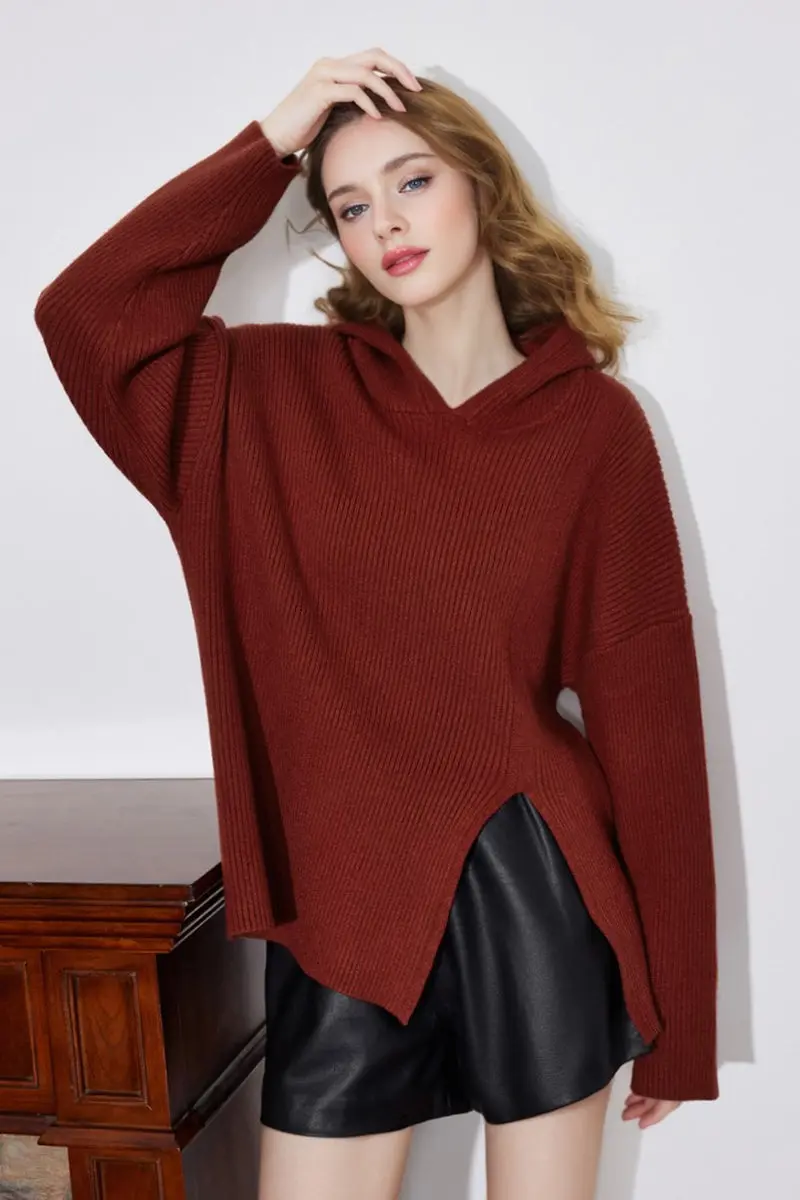 Oversized Drop Shoulder Hooded Sweater with Slit - MIAOOOO