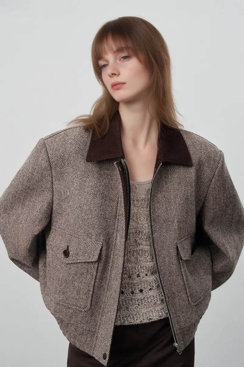 Herringbone Cropped Wool Tweed Bomber Jacket - MIAOOOO