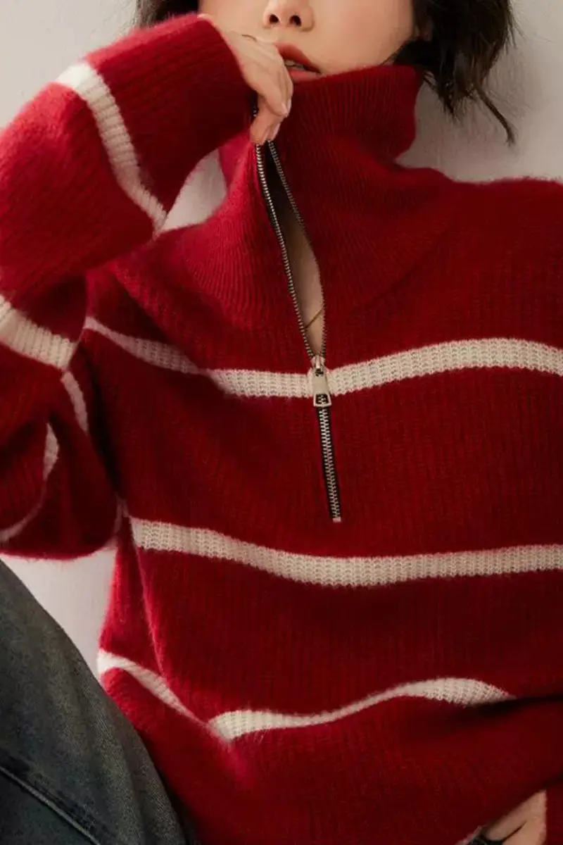 Striped Chunky Half-Zip Cashmere Turtleneck Sweater - MIAOOOO