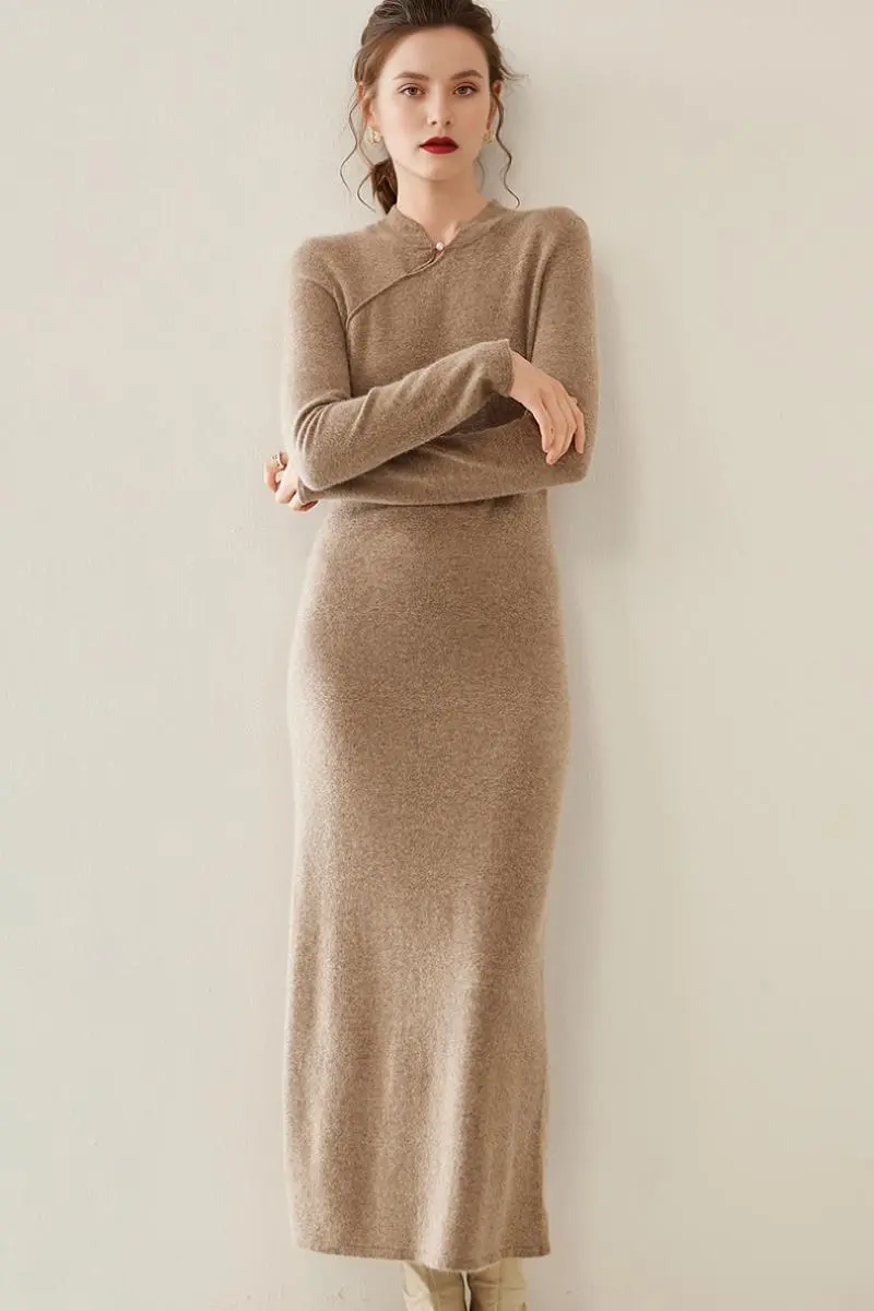 100 Cashmere Midi Sweater Dress with Mandarin-inspired Collar - MIAOOOO