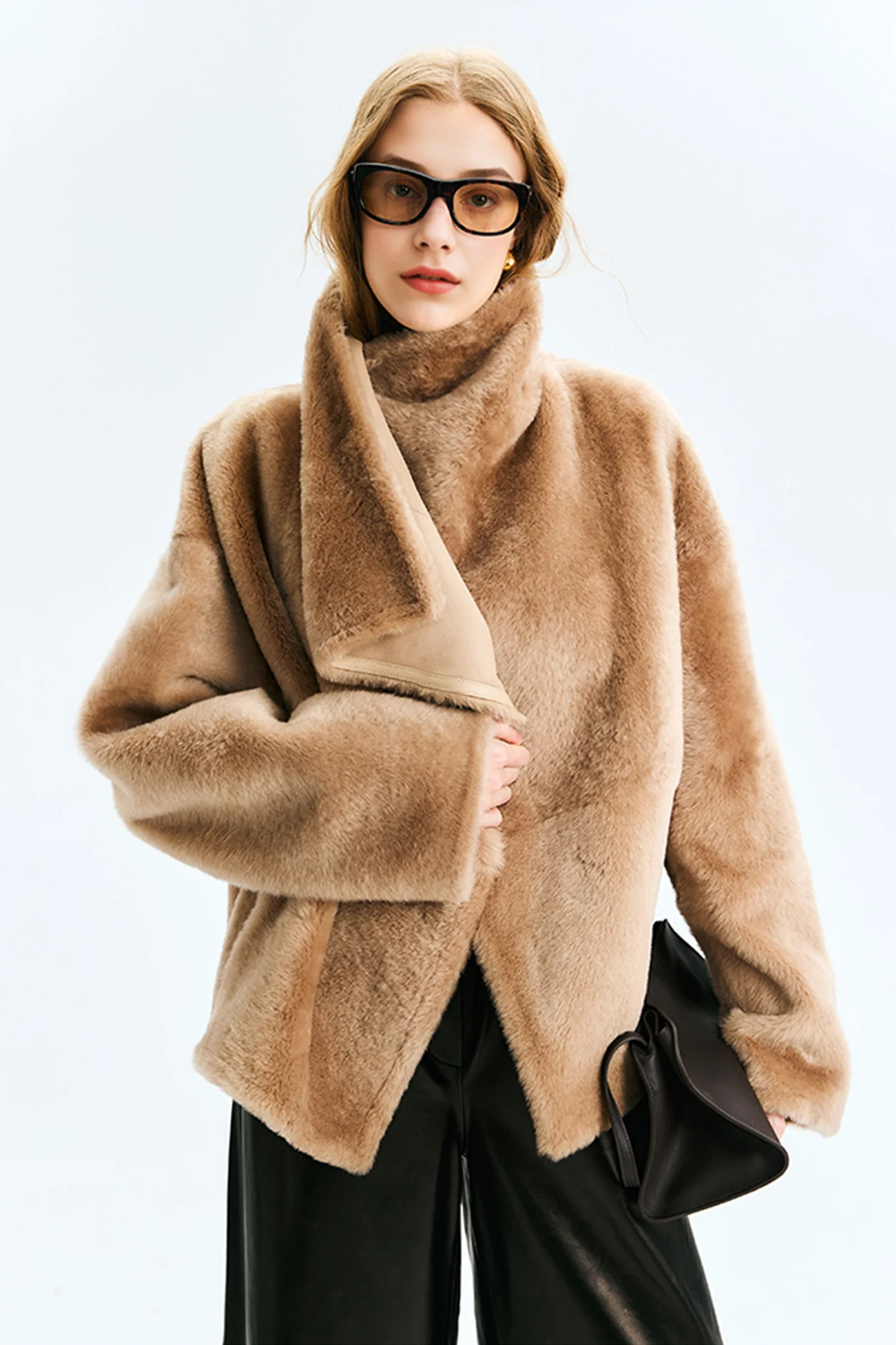 Reversible Shearling Sculptural Collar Short Sheepskin Jacket - MIAOOOO