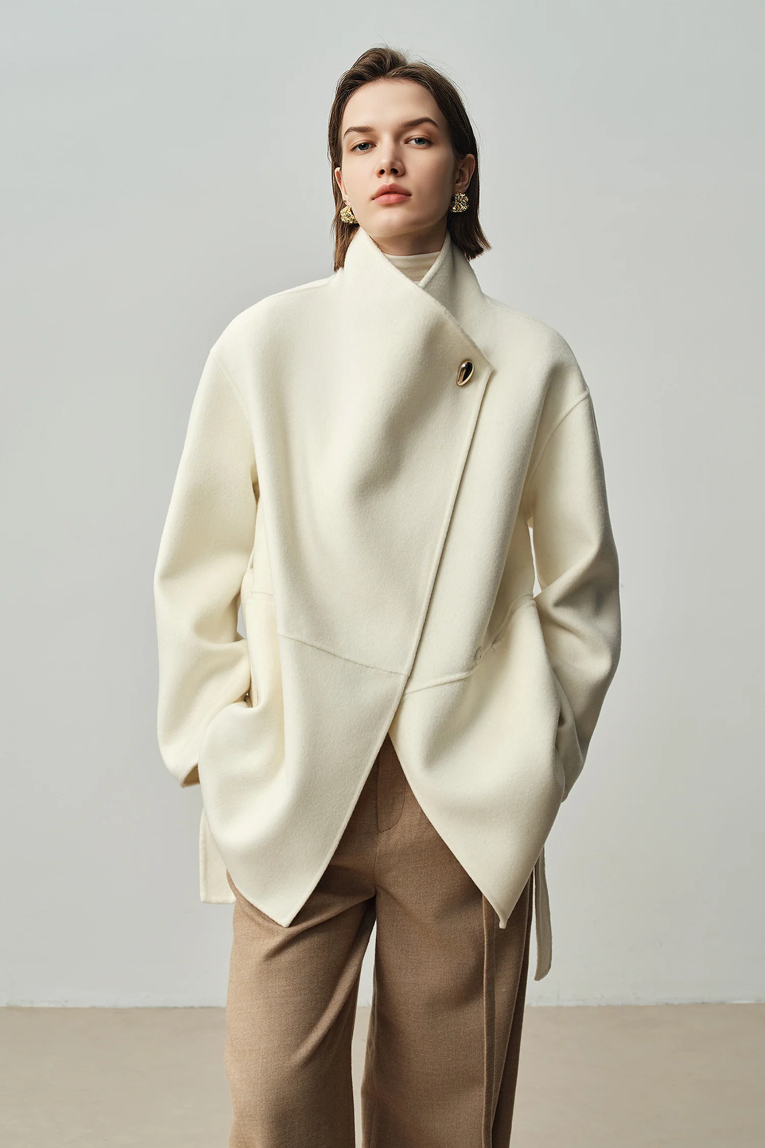 Asymmetrical Wool-Cashmere Belted Short Wrap Coat - MIAOOOO