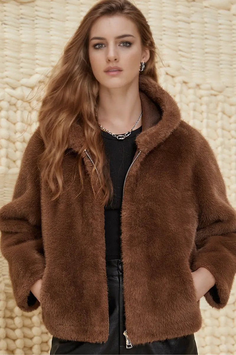 Brown Hooded Faux Fur Zip-Up Jacket - MIAOOOO