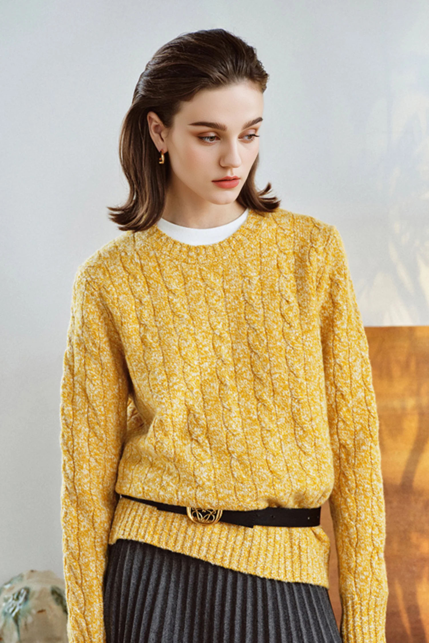 100% Cashmere Marled Slub Cable Crewneck Sweater - MIAOOOO