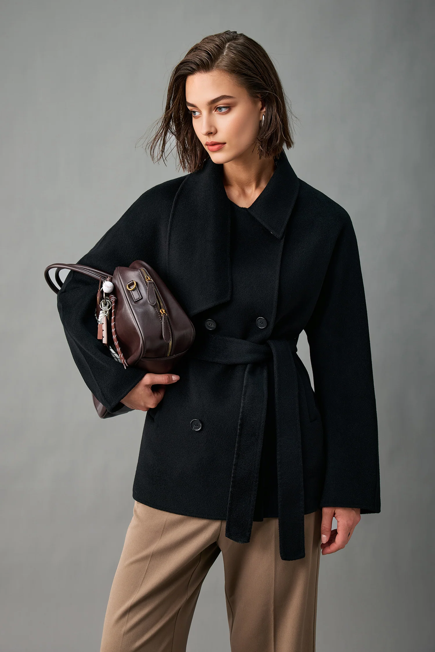 Handcrafted Cashmere Double-Breasted Short Belted Coat - MIAOOOO