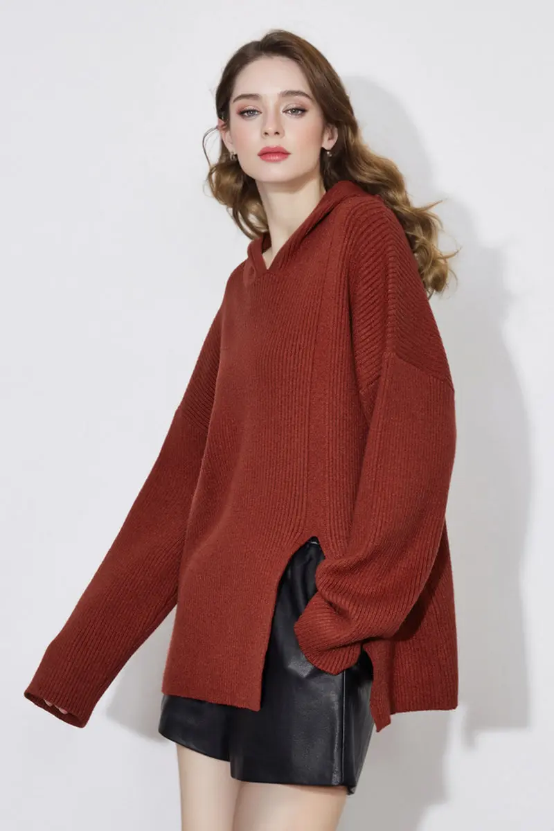 Oversized Drop Shoulder Hooded Sweater with Slit - MIAOOOO