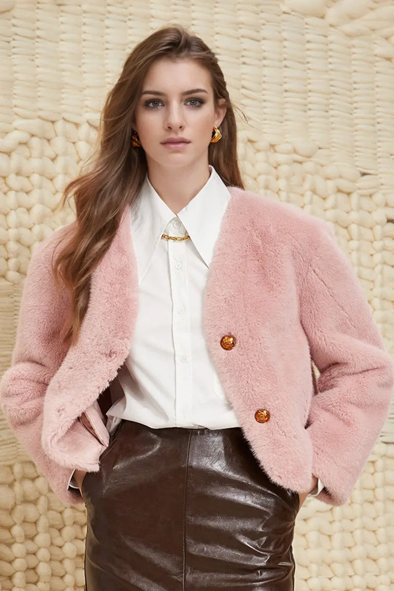 Cropped V-Neck Faux Fur Jacket - MIAOOOO