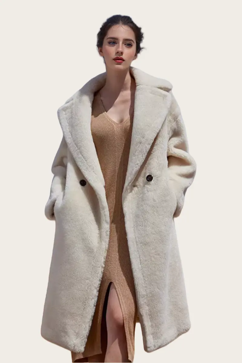 Genuine Long Teddy Coat with Lapel Collar - MIAOOOO