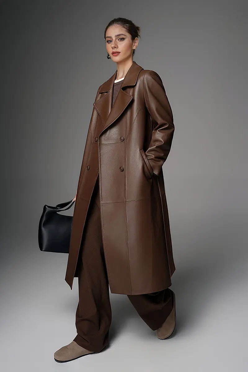New Zealand Lambskin Leather Double Breasted Trench Coat with Belt - MIAOOOO