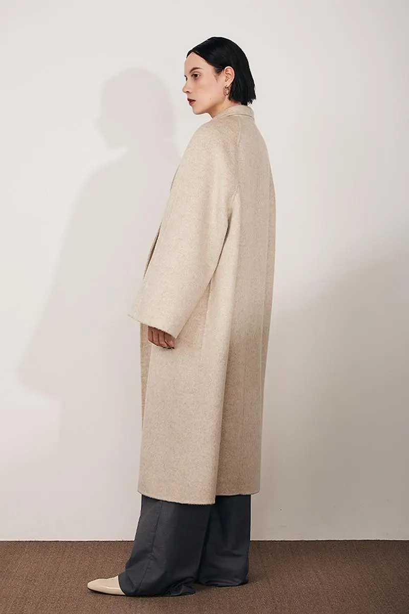 Long Wool Silk Blend Wrap Coat with Notched Lapel - MIAOOOO