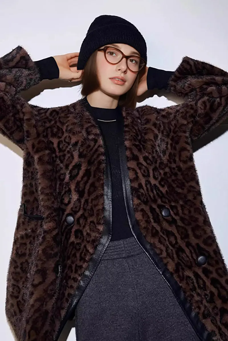 Vintage Leopard Print Collarless Mid-Length Faux Fur Coat - MIAOOOO