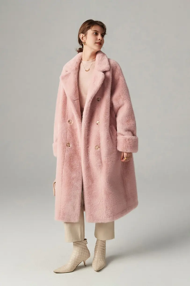 Long Double-breasted Pink Faux Fur Coat With Lapel Collar - MIAOOOO