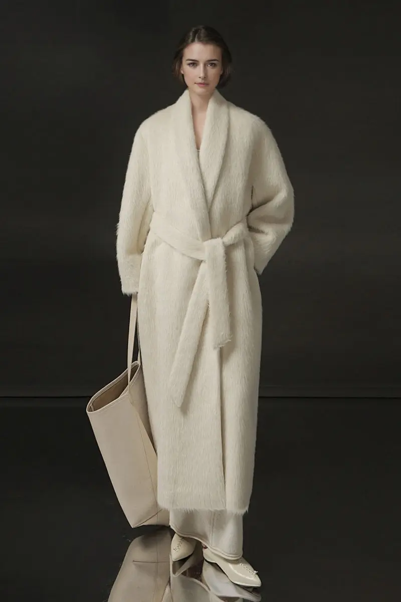 100 Peru Suri Alpaca Wool Shawl Collar Long Wrap Coat with Belt - MIAOOOO