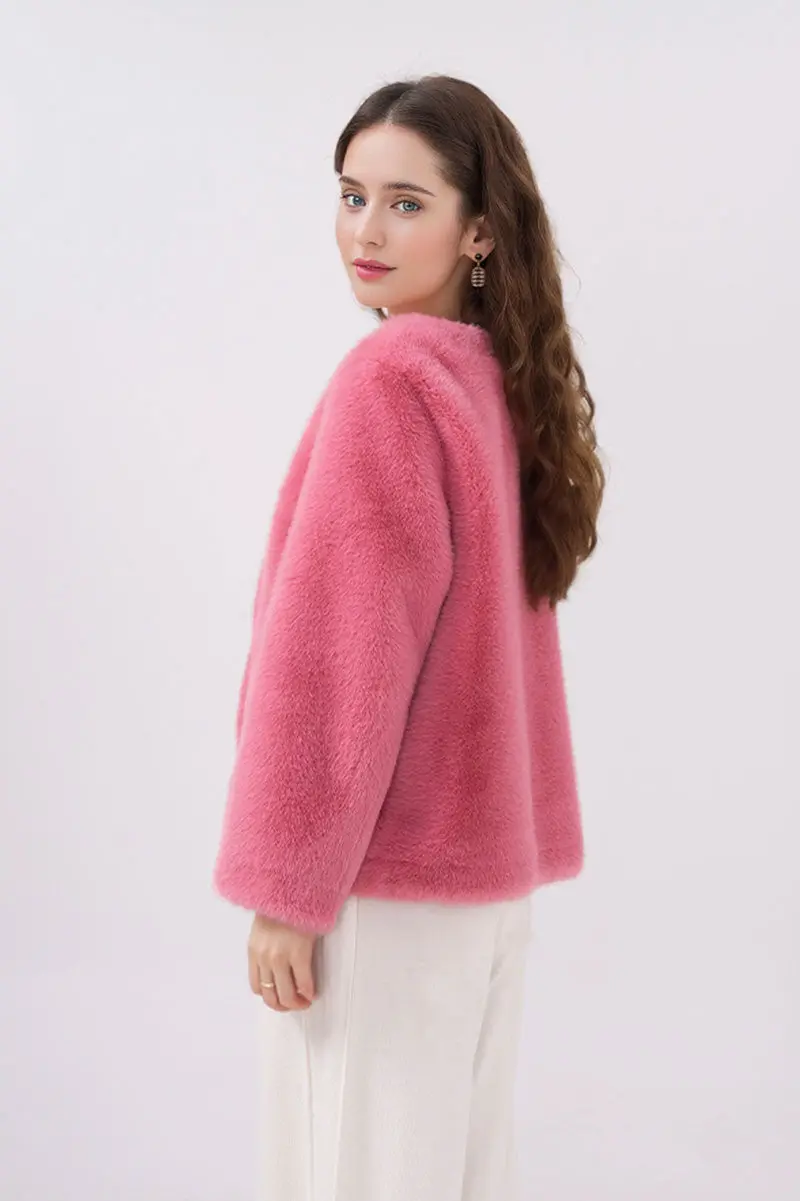 Faux Mink Fur Double Breasted Collarless Jacket - MIAOOOO