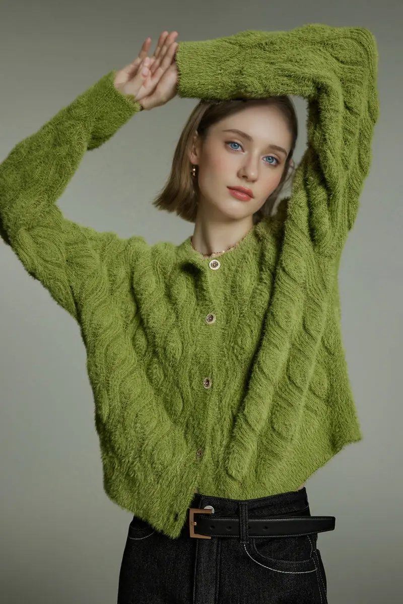 Faux Mink Fur Cropped Cable Knit Crewneck Cardigan - MIAOOOO