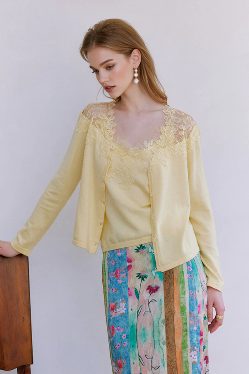 Soft Embroidered V-Neck Lace Cardigan - MIAOOOO