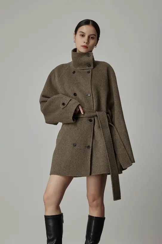 Oversized Wool Alpaca Stand Collar Cape Coat with Belt - MIAOOOO