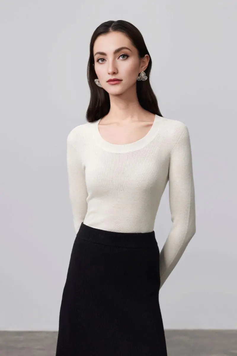 Wool Silk Seamless Knit U Neck Sweater - MIAOOOO